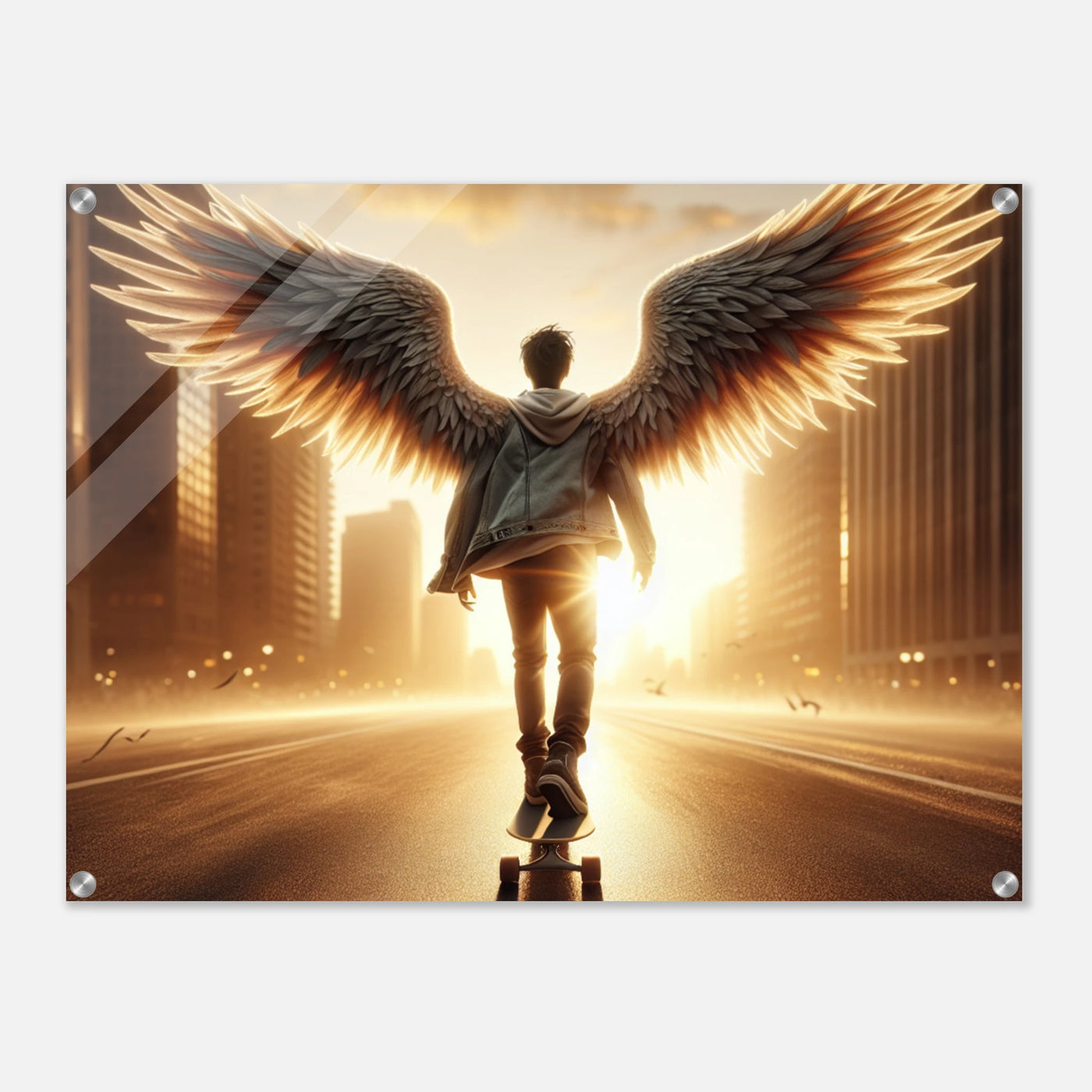 Engel-Skater in der Golden Hour – Golden Hour Guardian Skater Acrylglasdruck, himmlische Reise mit Skateboard
