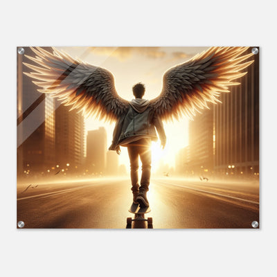 Engel-Skater in der Golden Hour – Golden Hour Guardian Skater Acrylglasdruck, himmlische Reise mit Skateboard
