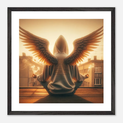 Yoga-Engel bei Sonnenuntergang – Angel Dust Poster, Meditation auf urbanem Rooftop-Balkon
