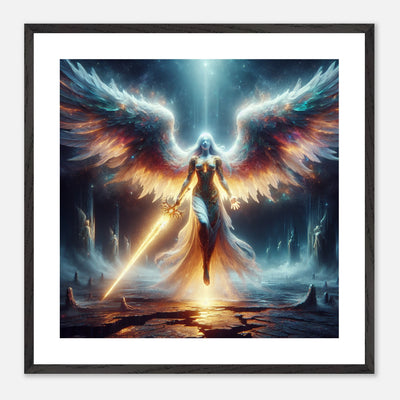 Gerahmtes Premium-Poster: Lichtbringender Engel steht aus Ruinen auf, symbolisiert Neuanfang und Mut am Ende eines dunklen Tunnels, ideale Wandkunst für Meditationsräume und inspirierende Räume