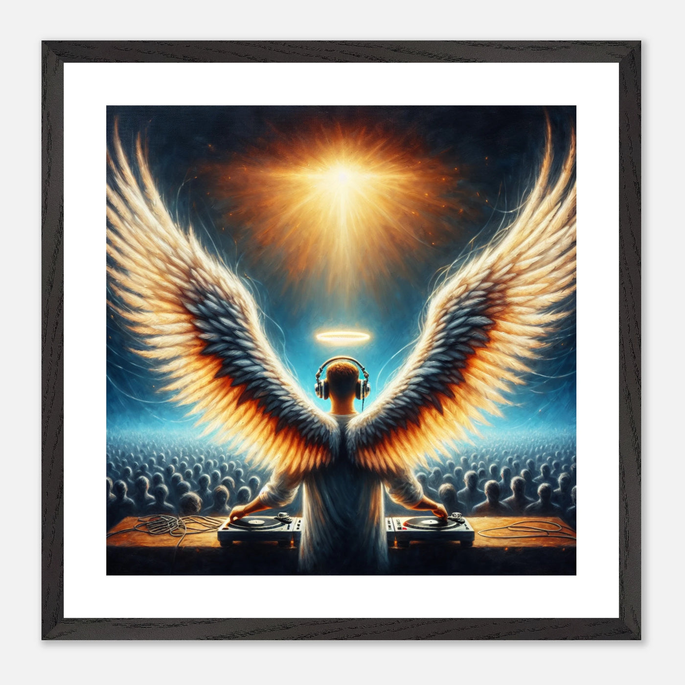 Engel DJ mit Heiligenschein legt auf – stilvolles Musikposter mit Partyflair und Engelsflügeln