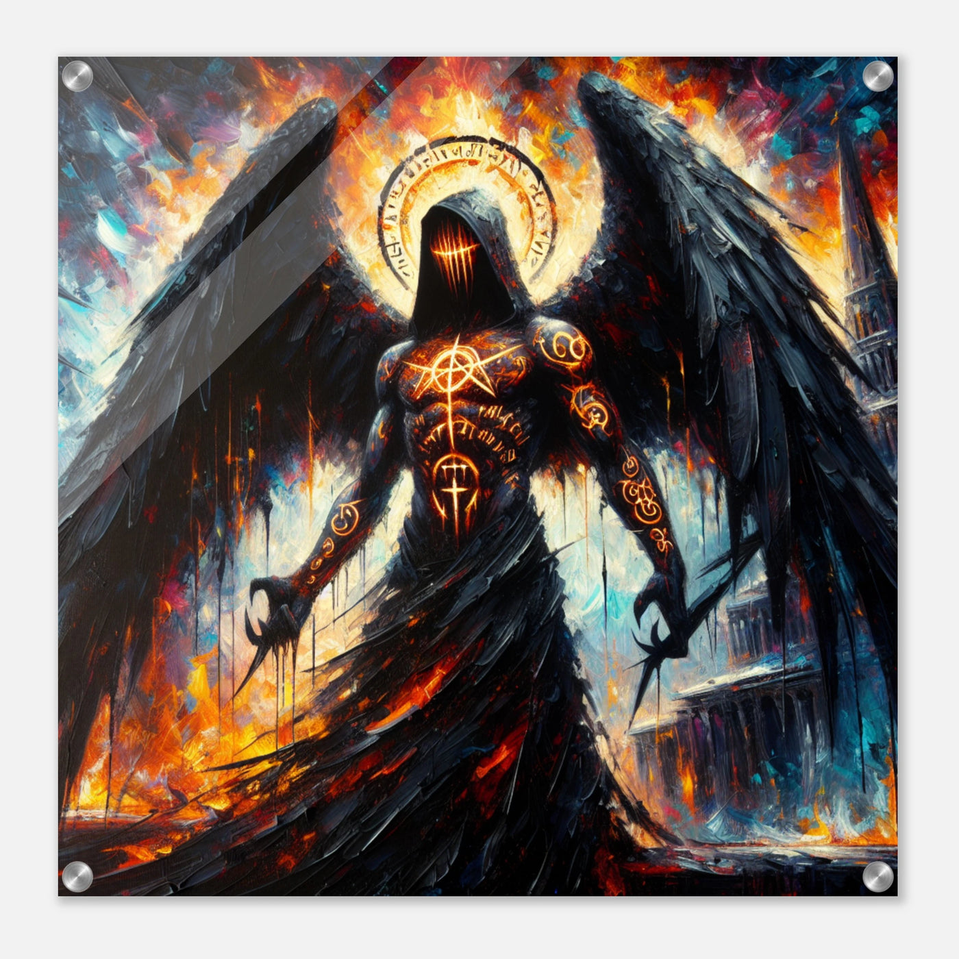 Acrylglas: Todesengel bemalt mit geheimnisvollen Runen und mysteriösen Zeichen, Wächter des Eingangs zur Hölle, fesselnde Wandkunst für Fantasy-Liebhaber und Mystik-Enthusiasten