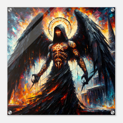 Acrylglas: Todesengel bemalt mit geheimnisvollen Runen und mysteriösen Zeichen, Wächter des Eingangs zur Hölle, fesselnde Wandkunst für Fantasy-Liebhaber und Mystik-Enthusiasten