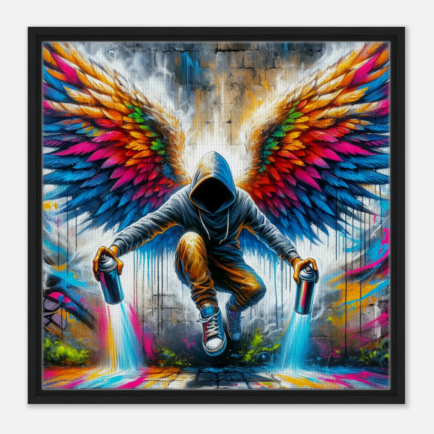 Urbaner Engel als Graffiti – farbenfrohes Street Art Kunstwerk mit Flügeln in Neonfarben auf Leinwand