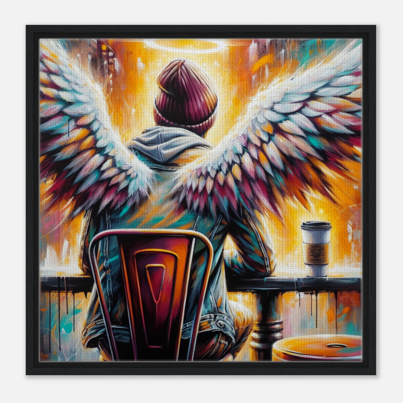 Engel mit Heiligenschein genießt Kaffee – Coffee & Halos Leinwanddruck, Hipster im Café in Acrylfarben
