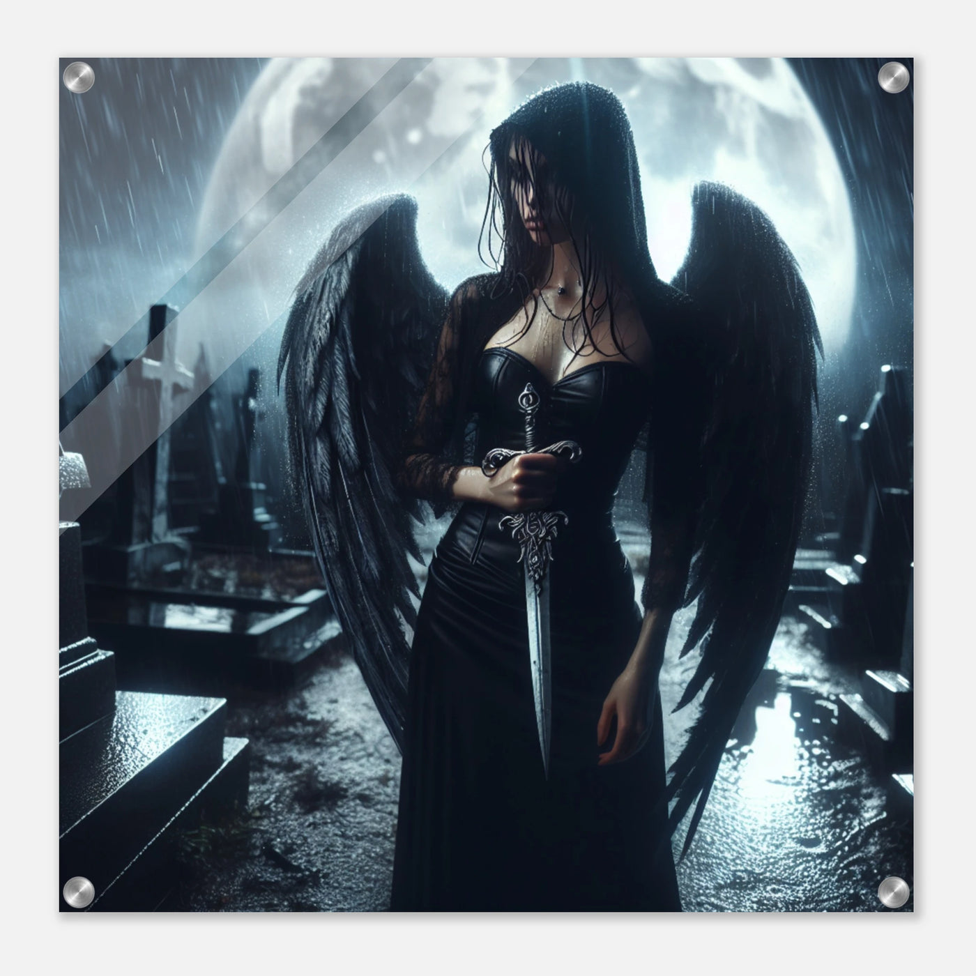 Acrylglasdruck: Dunkler melancholischer weiblicher Todesengel mit Dolch auf einem Friedhof, fesselnde Wandkunst für Gruftis und Gothics zum Thema Tod und Mord. 