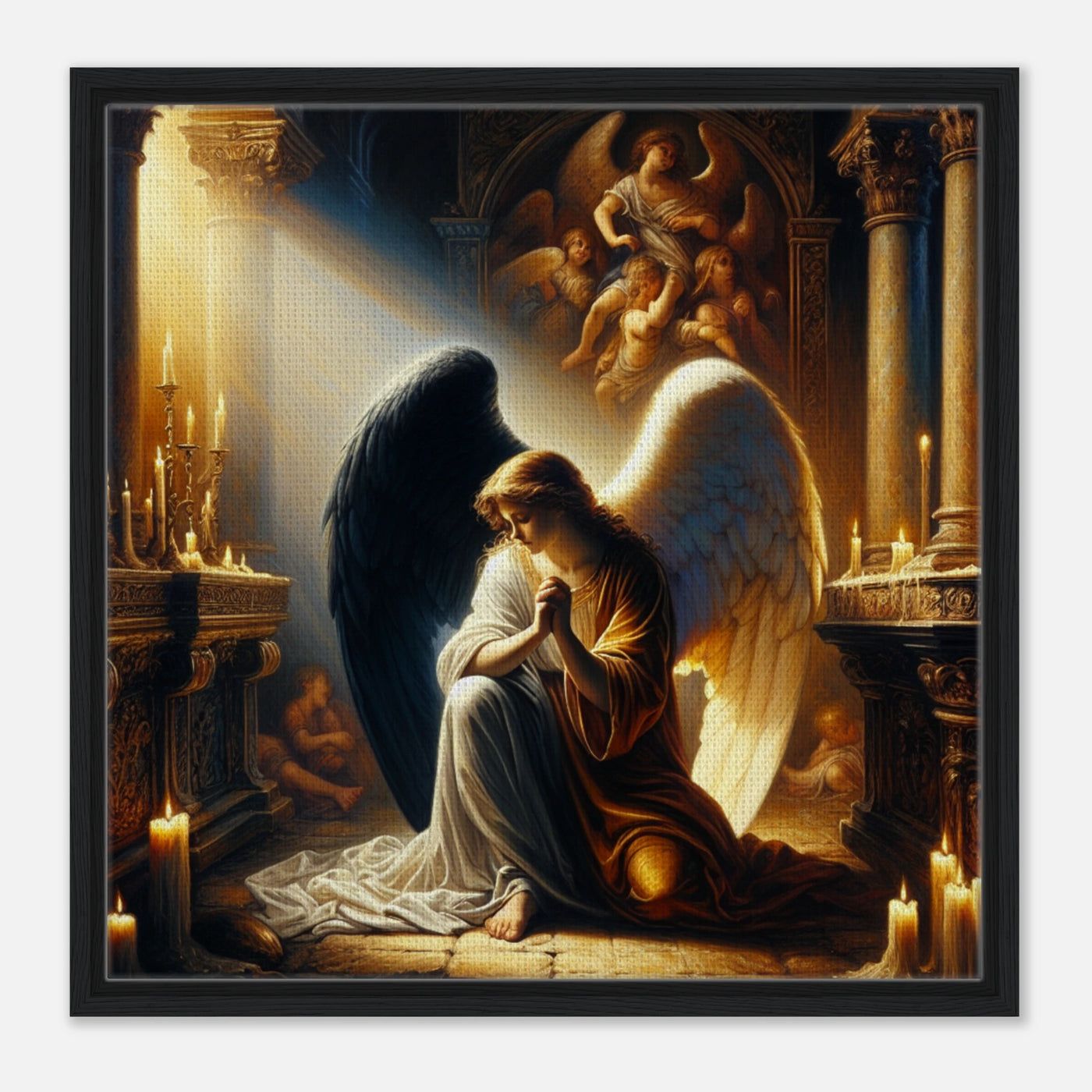 Gerahmte Leinwand: christlicher Engel mit schwarzen und weißen Flügeln, betend vor dem Altar einer Kirche im Kerzenschein, inspirierende Wanddekoration für Wohnzimmer