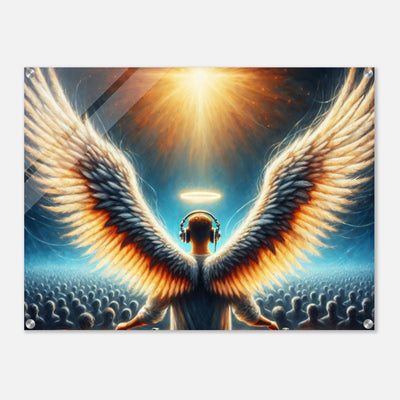 Partyengel mit Heiligenschein als DJ – stilisiertes Musikbild mit Flügeln auf hochwertigem Acrylglas