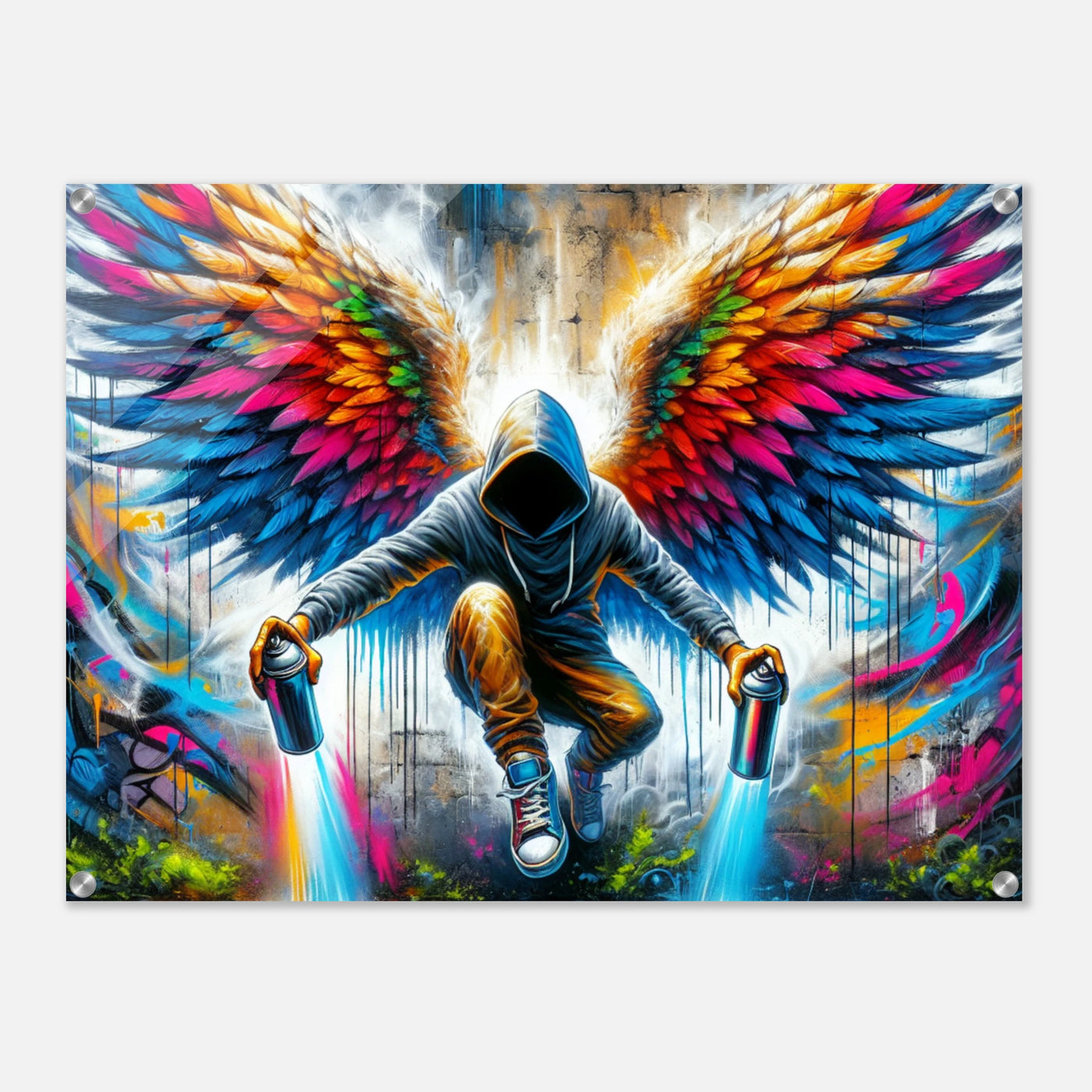 Sprayer mit gesprayten Engelsflügeln – leuchtendes Street Art Bild in Neonfarben auf Acrylglas