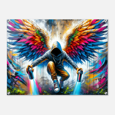 Sprayer mit gesprayten Engelsflügeln – leuchtendes Street Art Bild in Neonfarben auf Acrylglas