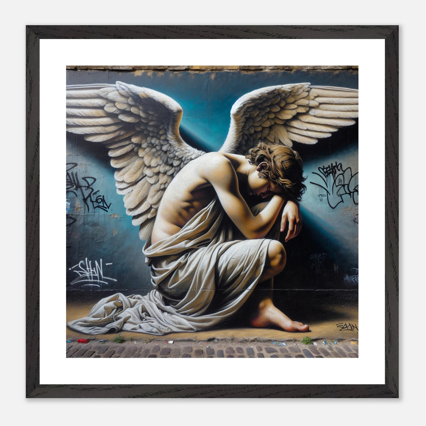 Urbaner Straßen-Gebet – Graffiti eines betenden Mannes mit Engelsflügeln als symbolstarkes Posterbild