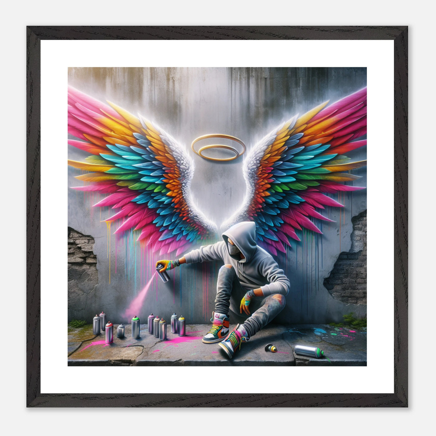 Engelsflügel-Graffiti mit Heiligenschein – Art Wings Poster, Street Art Künstler vor seinem Werk
