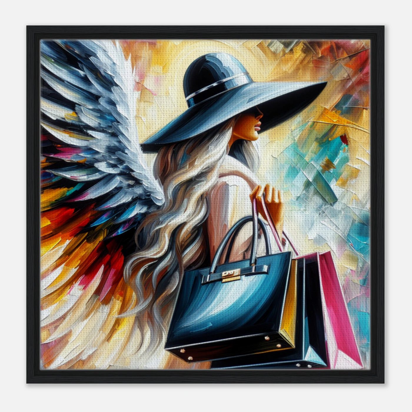 Weiblicher Engel mit Luxus-Handtaschen – Blessed & Boujee Leinwanddruck, Shoppingtour in Acrylfarben
