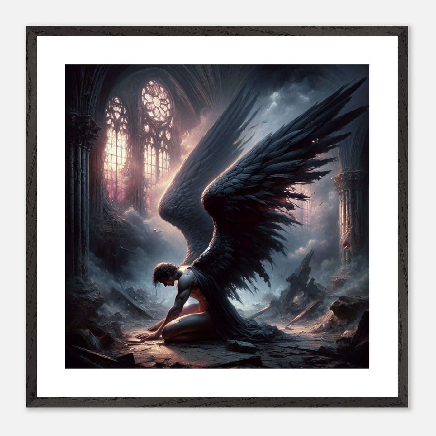 Gerahmtes Premium-Poster: Engel mit verkohlten Flügeln kniet verzweifelt in den Ruinen einer heiligen Halle, symbolisiert verlorenen Glauben, ideale Wandkunst für Meditationsräume und nachdenkliche Räume