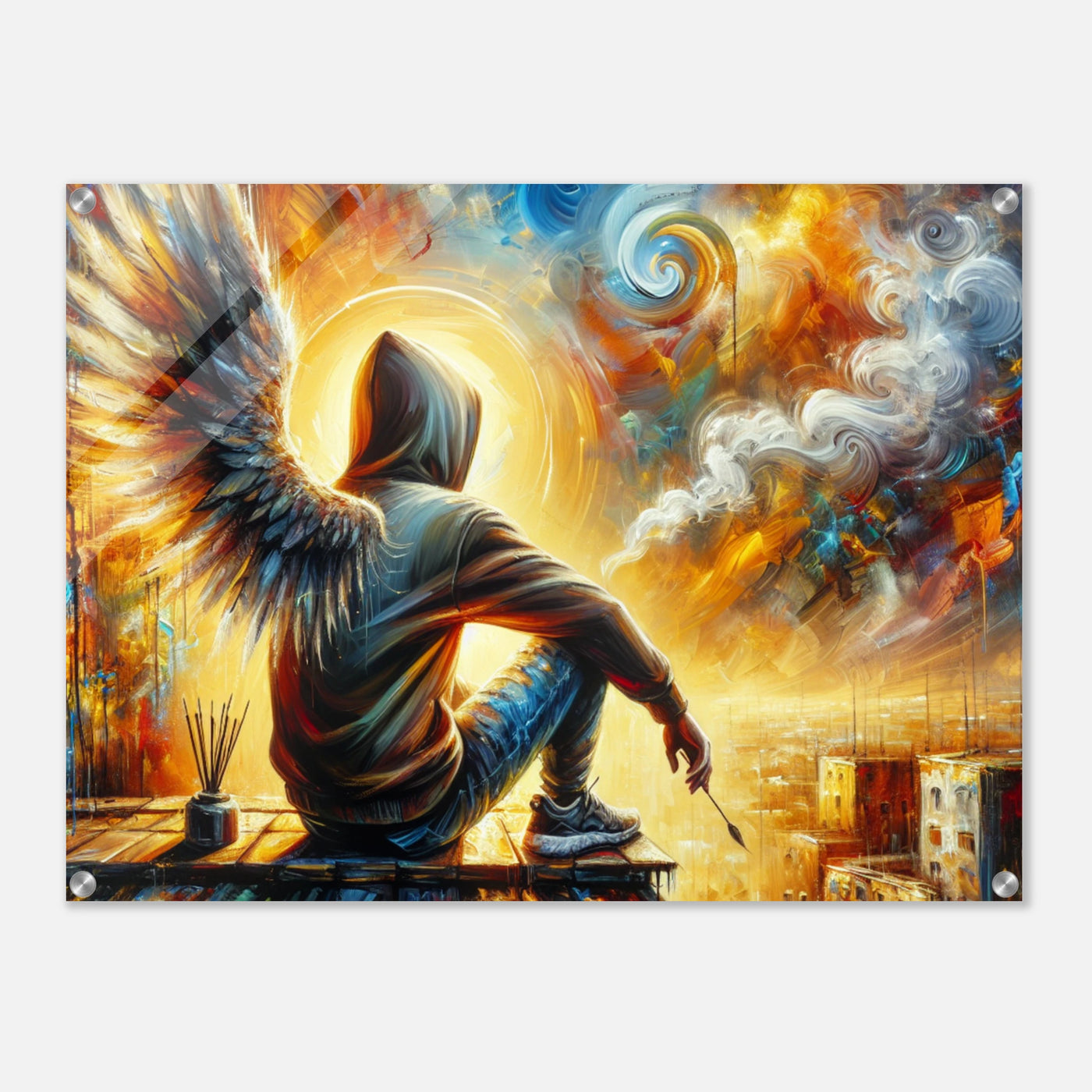 Painting Heaven – moderner Acrylglasdruck eines urbanen Künstlers mit selbstgemalten Engelsflügeln