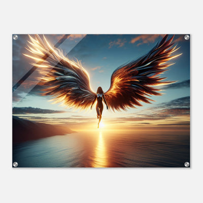 Premium Poster im Rahmen mit Engelmotiv schwebt über ruhigen See im Sonnenuntergang, helle und dunkle Seite, Flügel aus Schatten und Licht, ideale Wandkunst für Wohnzimmer oder Meditationsraum