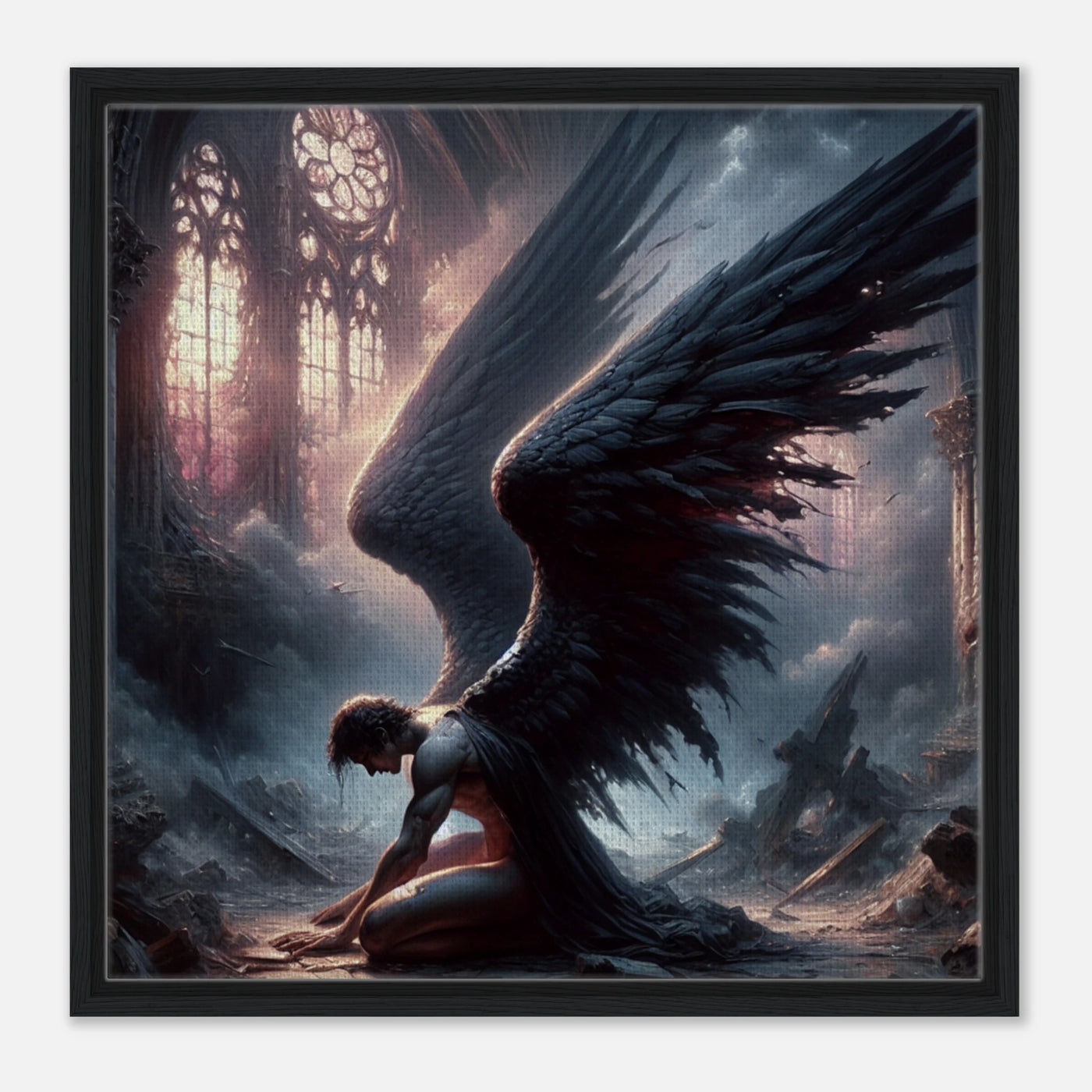 Gerahmte Leinwand: The Fallen Prayer, verzweifelter Engel mit verkohlten Flügeln in den Ruinen einer Kirche, symbolisiert verlorenen Glauben, emotionale Wanddekoration für Wohnzimmer und spirituelle Räume