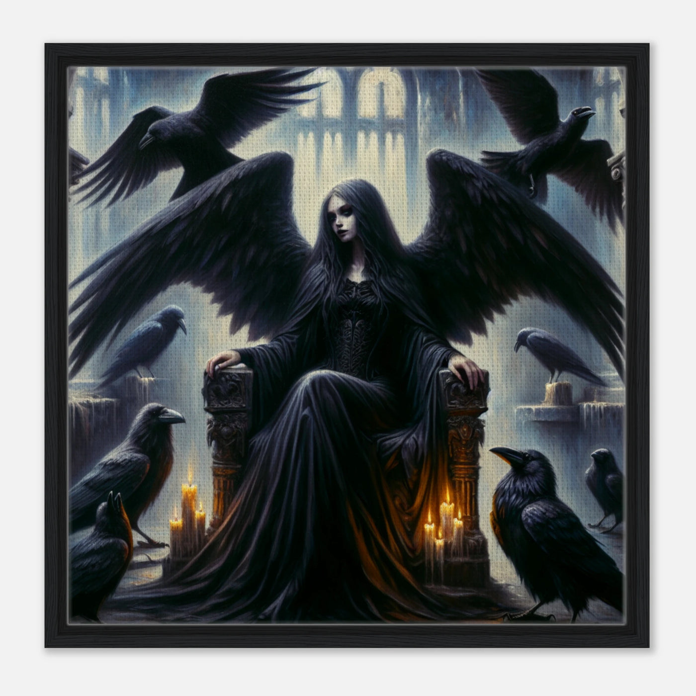 Gerahmte Leinwand: Ravens of the Forgotten Throne, weiblicher Todesengel auf zerstörtem Thron, umgeben von schwarzen Raben, stimmungsvolle Wanddekoration für Wohnzimmer und Gothic-Fans