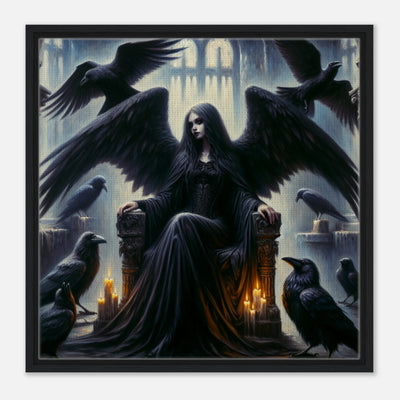 Gerahmte Leinwand: Ravens of the Forgotten Throne, weiblicher Todesengel auf zerstörtem Thron, umgeben von schwarzen Raben, stimmungsvolle Wanddekoration für Wohnzimmer und Gothic-Fans