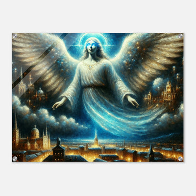 Futuristischer Himmelsengel mit blauen Lichtaugen über urbanem Panorama – brillanter Acrylglasdruck