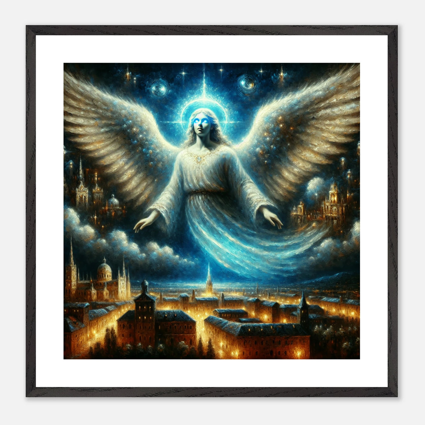 Mystischer Engel mit leuchtenden Augen über nächtlicher Stadt – spirituelles Poster für Himmelsfreunde