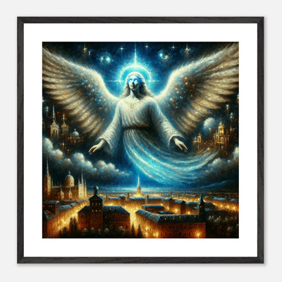 Mystischer Engel mit leuchtenden Augen über nächtlicher Stadt – spirituelles Poster für Himmelsfreunde