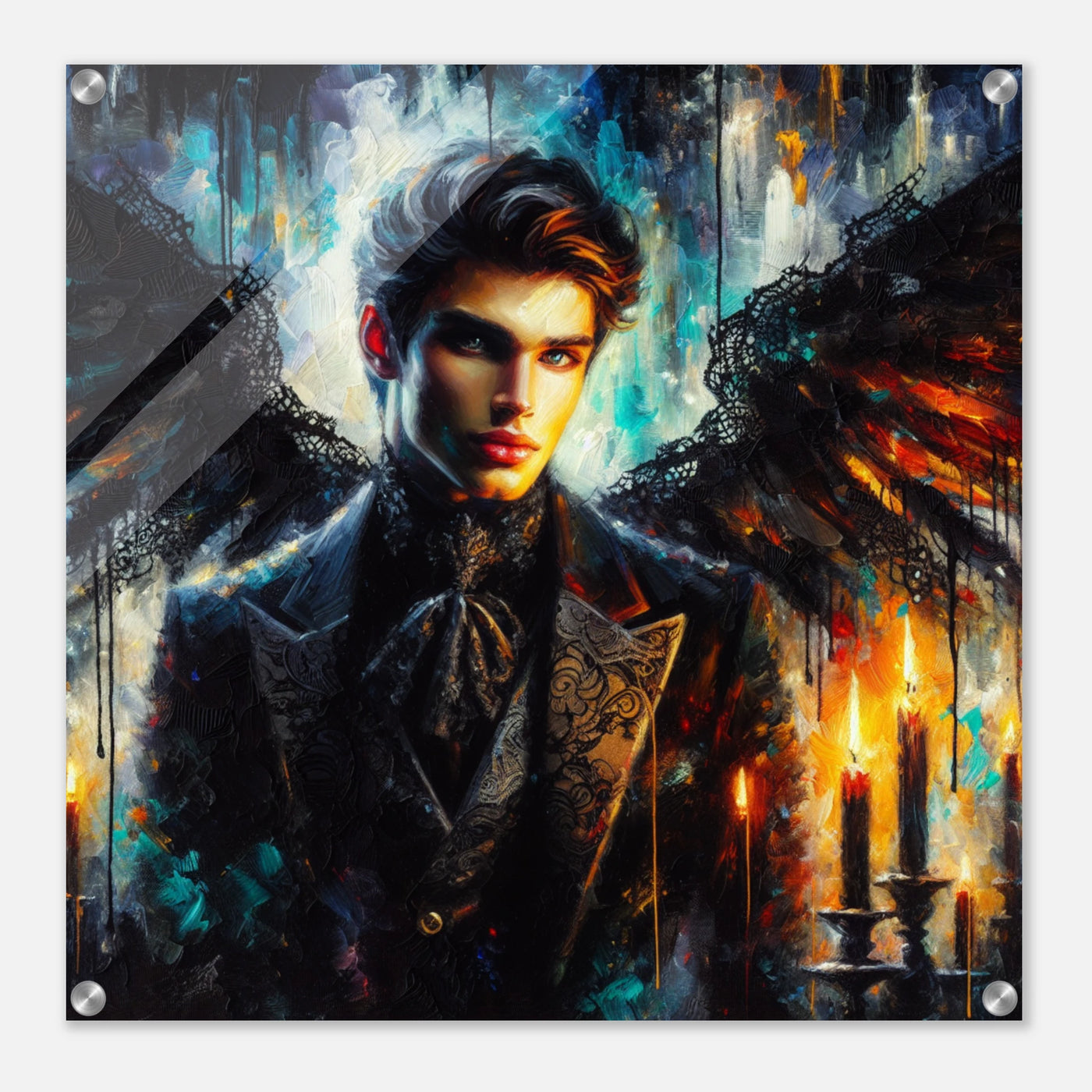 Acrylglasdruck: Wunderschöner dunkler männlicher Engel, makelloses Aussehen, verkörpert Versuchung und Sünde, fesselnde Wandkunst für Kunstliebhaber und Fantasy-Enthusiasten