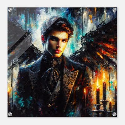 Acrylglasdruck: Wunderschöner dunkler männlicher Engel, makelloses Aussehen, verkörpert Versuchung und Sünde, fesselnde Wandkunst für Kunstliebhaber und Fantasy-Enthusiasten