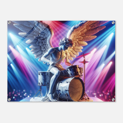 Engel aus Marmor als Schlagzeuger einer Band, violett-blaues Bühnenlicht, inspirierende Wanddekoration