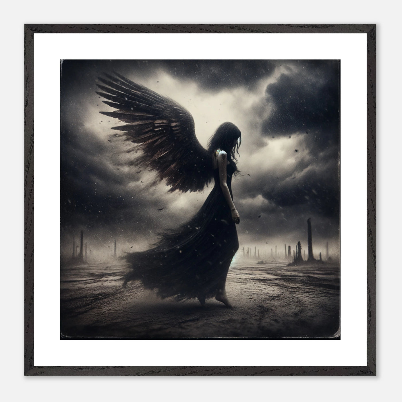 Gerahmtes Premium-Poster: Todesengel in schwarz wandelt auf einer Erde aus Staub und Asche, bedrückte und traurige Stimmung, ideale Wandkunst für melancholische und reflektierende Umgebungen