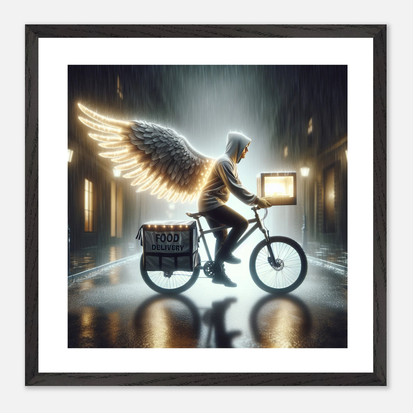 Soul Delivery – Fahrradkurier mit Engelsflügeln liefert Hoffnung und Essen in leuchtender Stadtkulisse als Poster