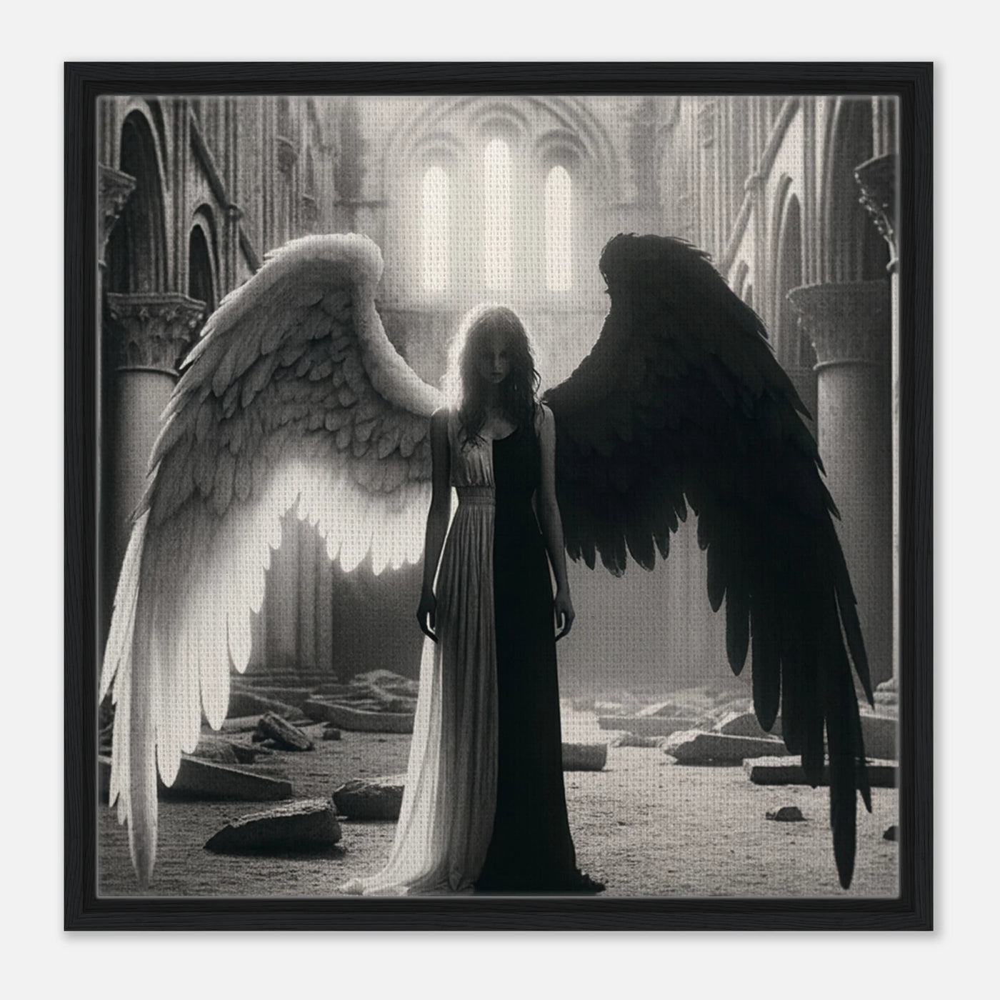 Gerahmte Leinwand: Celestial Fusion, Engel in den Ruinen eines Gotteshauses, schwarz für Zerstörung und Böses, weiß für Hoffnung und Überwindung, kunstvolle Wanddekoration für Wohnzimmer und Galerien