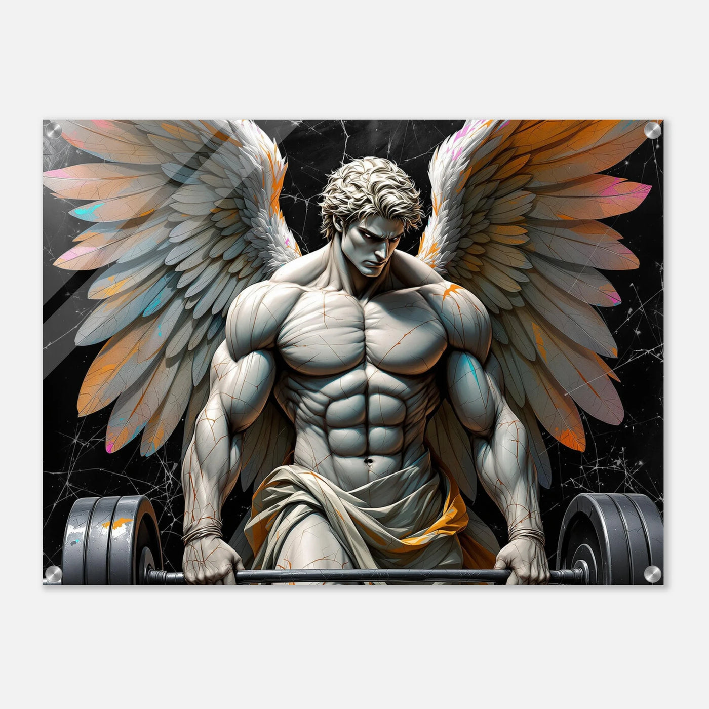 Muskulöser antiker Marmor Engel trainiert im Gym seine Power