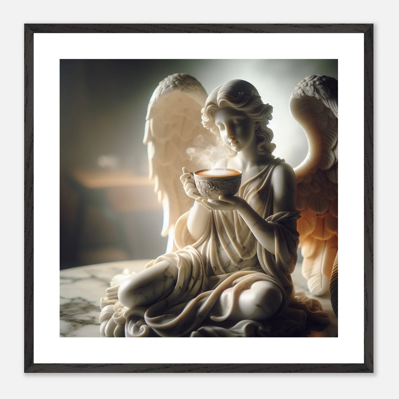 Premium Poster im Rahmen mit Marmorengel und Kaffeetasse Röstung – moderne Ruhe & spirituelle Ästhetik für dein Zuhause | Dreaming Wings