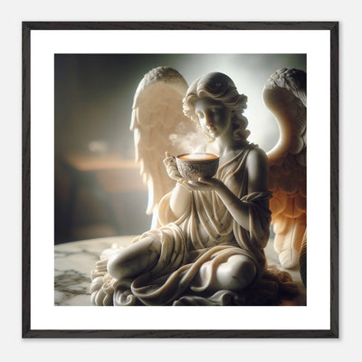 Premium Poster im Rahmen mit Marmorengel und Kaffeetasse Röstung – moderne Ruhe & spirituelle Ästhetik für dein Zuhause | Dreaming Wings