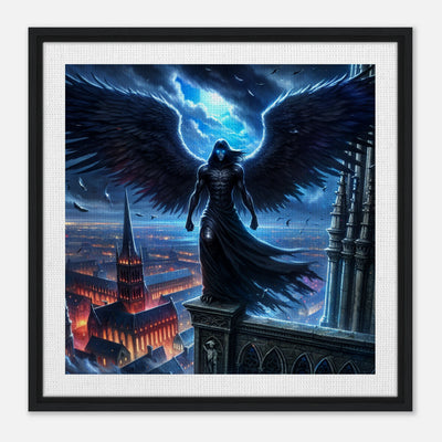 Gerahmte Leinwand: The Watcher in the Abyss, dunkler Engel mit großen schwarzen Flügeln und leuchtend blauen Augen, steht auf einem Dach über einer Stadt bei Nacht, gruselige Wanddekoration für Wohnzimmer und Gothic-Fans