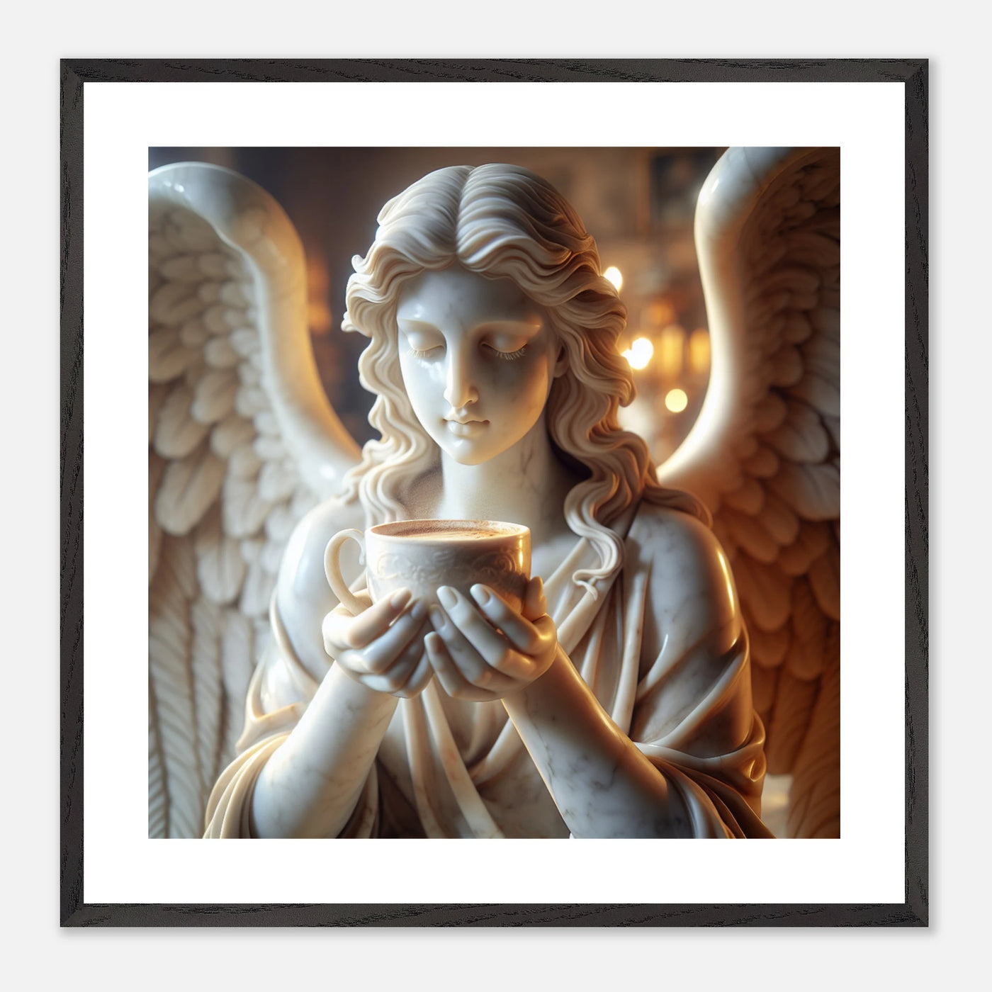 Premium Poster im Rahmen mit Marmorengel und Kaffeetasse – moderne Ruhe & spirituelle Ästhetik für dein Zuhause | Dreaming Wings