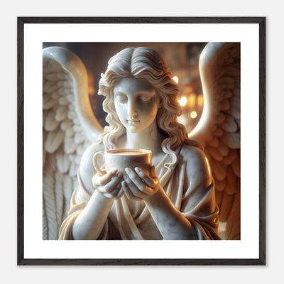Premium Poster im Rahmen mit Marmorengel und Kaffeetasse – moderne Ruhe & spirituelle Ästhetik für dein Zuhause | Dreaming Wings