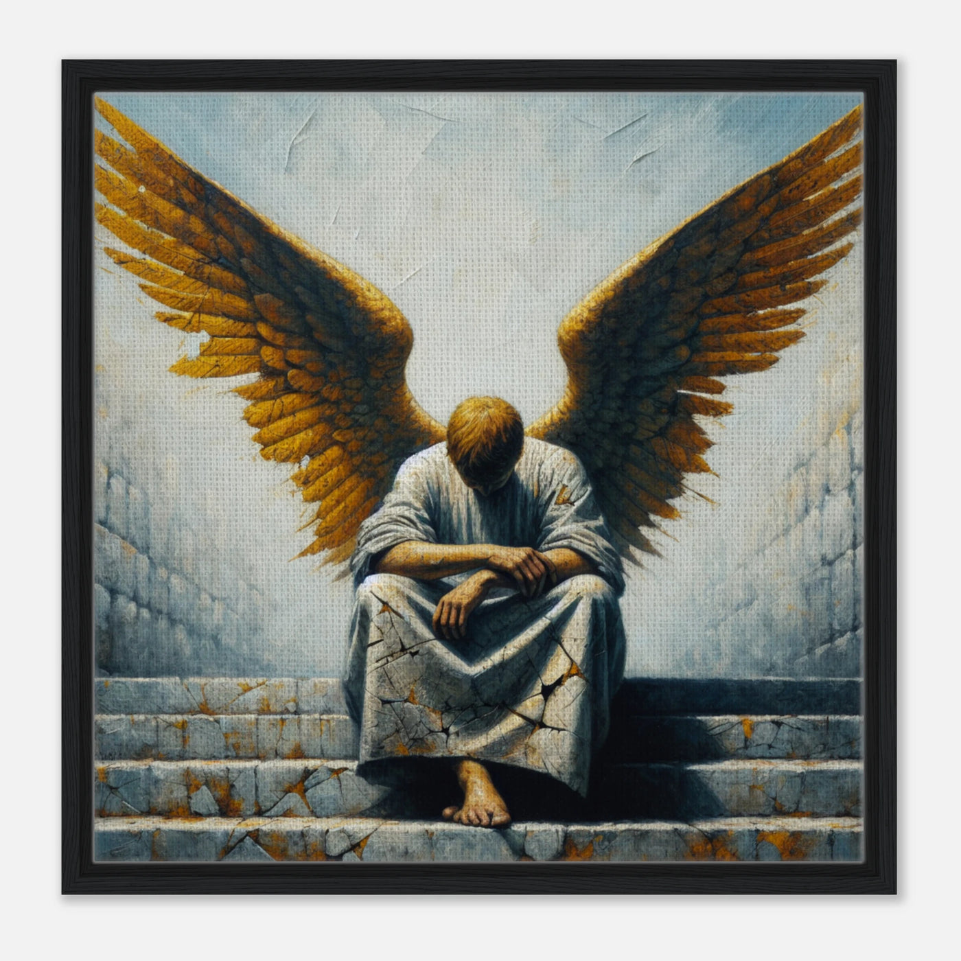 Engel sitzt betend auf Treppe – Concrete & Clouds Leinwanddruck, bescheiden und in einfachem Gewand
