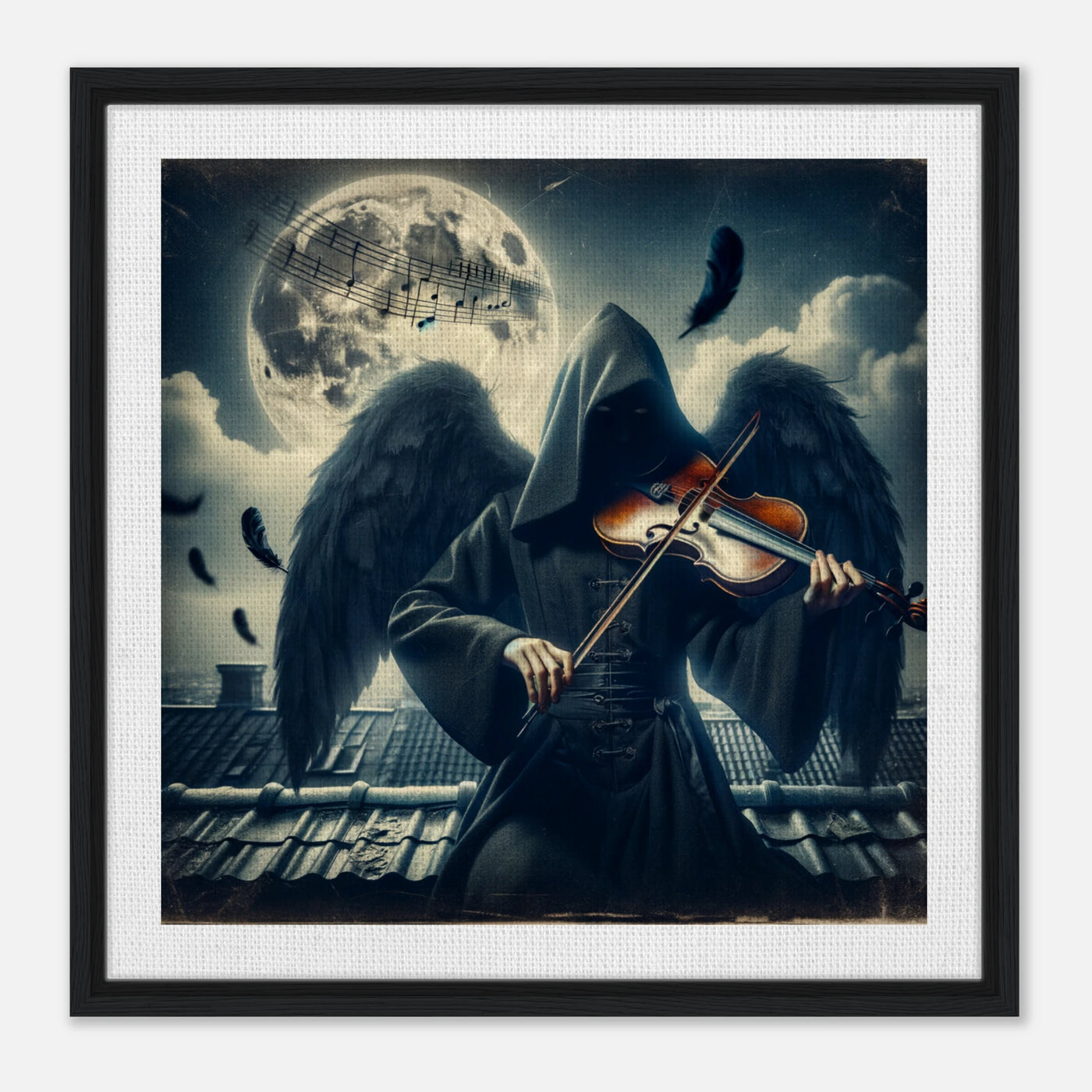 Gerahmte Leinwand: The Phantom’s Melody, mysteriöser Musiker mit Engelsflügeln spielt Geige bei Mitternacht, melancholische Wanddekoration für Wohnzimmer und Musikräume