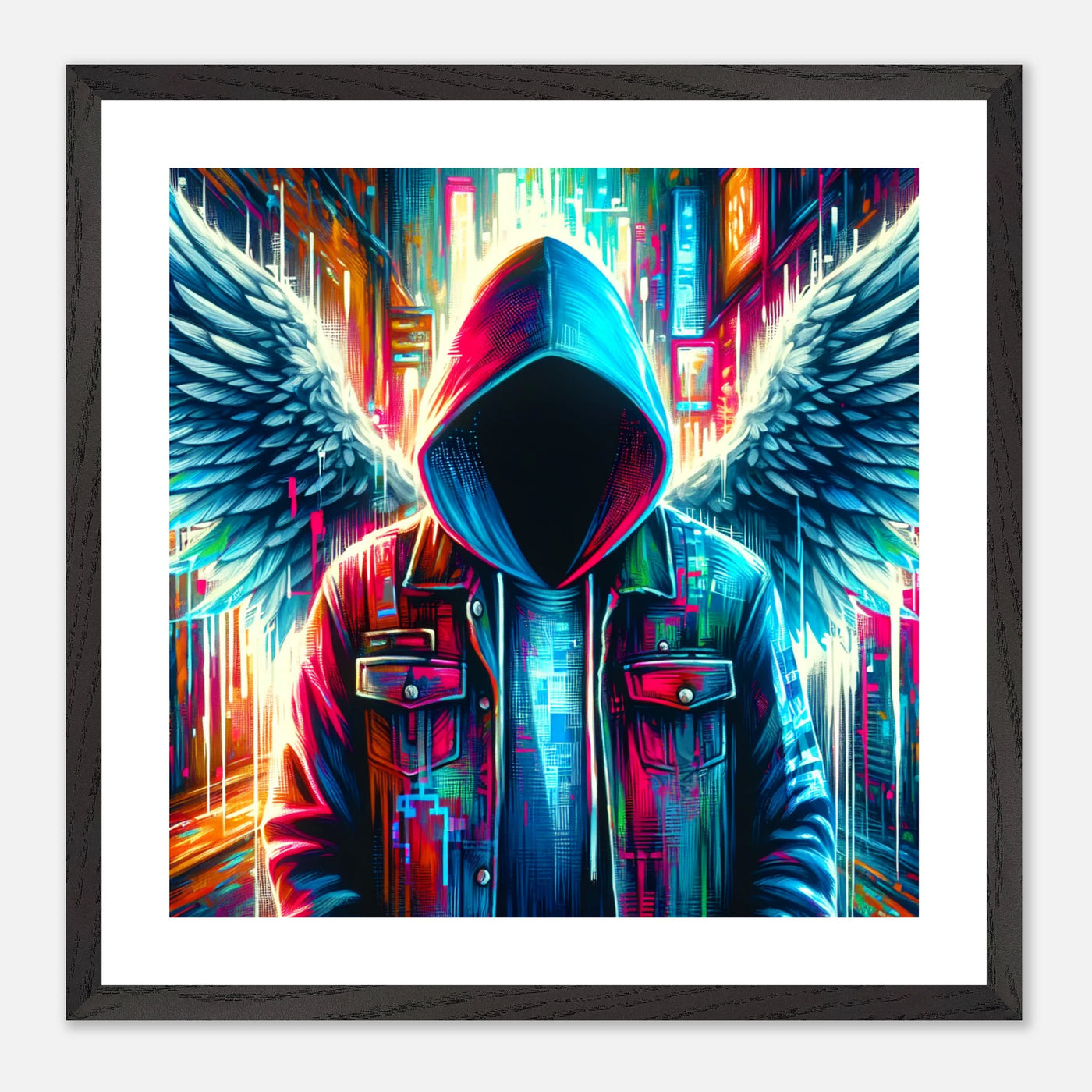 Mystischer Hacker mit Engelsflügeln in der Matrix – digitales Poster mit verpixeltem Engel der Gerechtigkeit