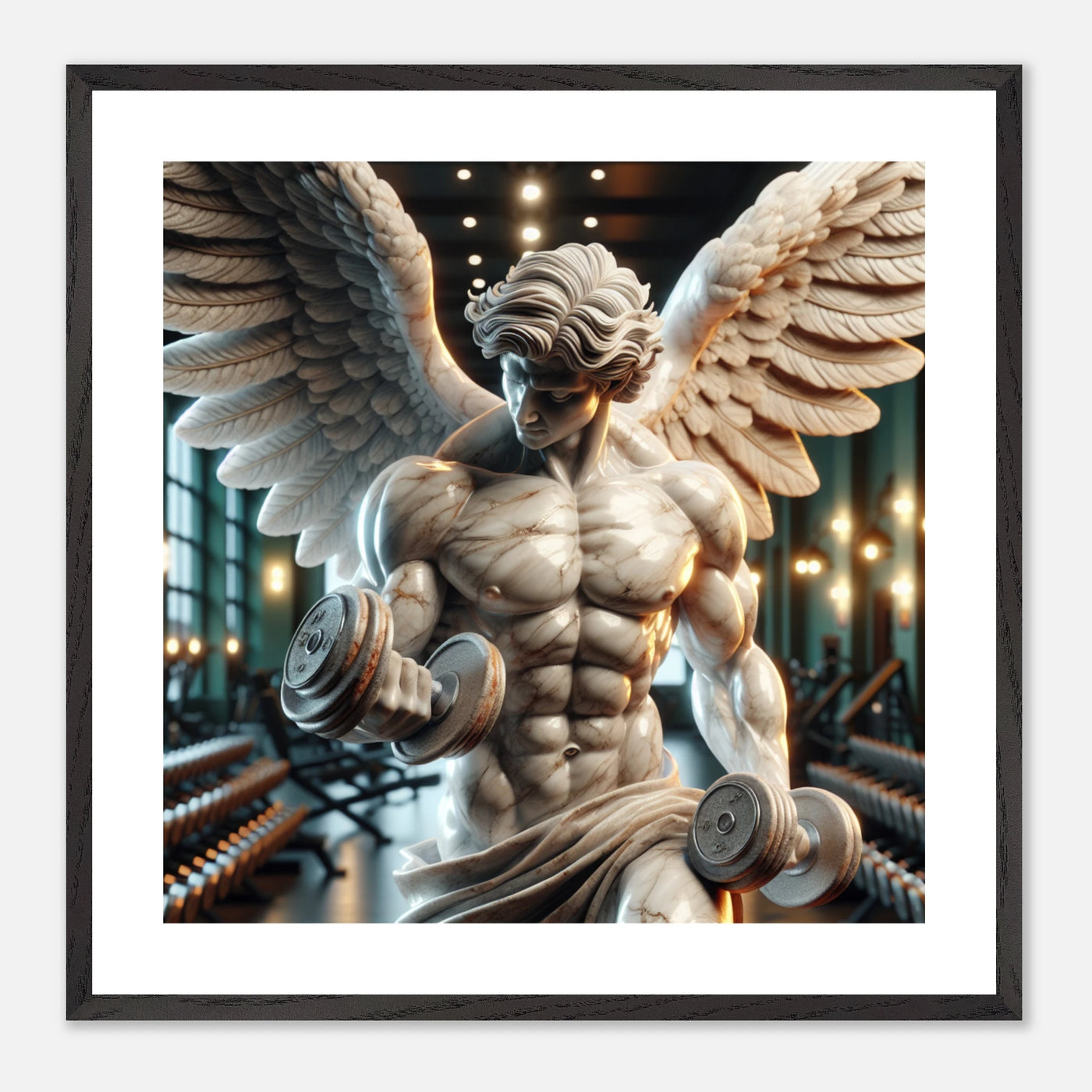 Premium Poster im Rahmen mit muskulösen Engel als Marmorstatue mit Hantel im Gym – sportliche Motivation im Fitnessstudio | Dreaming Wings
