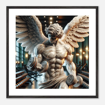 Premium Poster im Rahmen mit muskulösen Engel als Marmorstatue mit Hantel im Gym – sportliche Motivation im Fitnessstudio | Dreaming Wings