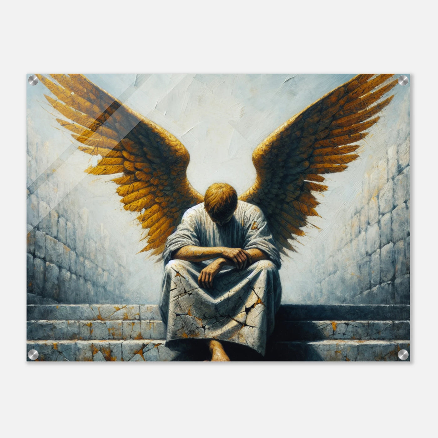 Betender Engel auf Himmelstreppe – Concrete & Clouds Acrylglasdruck, bescheiden in einfachem Gewand
