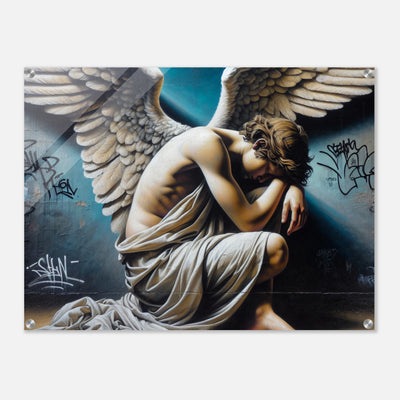 Betender Straßenkünstler mit Flügeln – moderne Wandkunst mit spirituellem Tiefgang als Acrylglasdruck