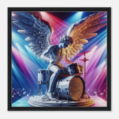 Gerahmte Leinwand für das moderne Wohnzimmer - Religion mit Engelsmotiv trifft Drum & Rock 