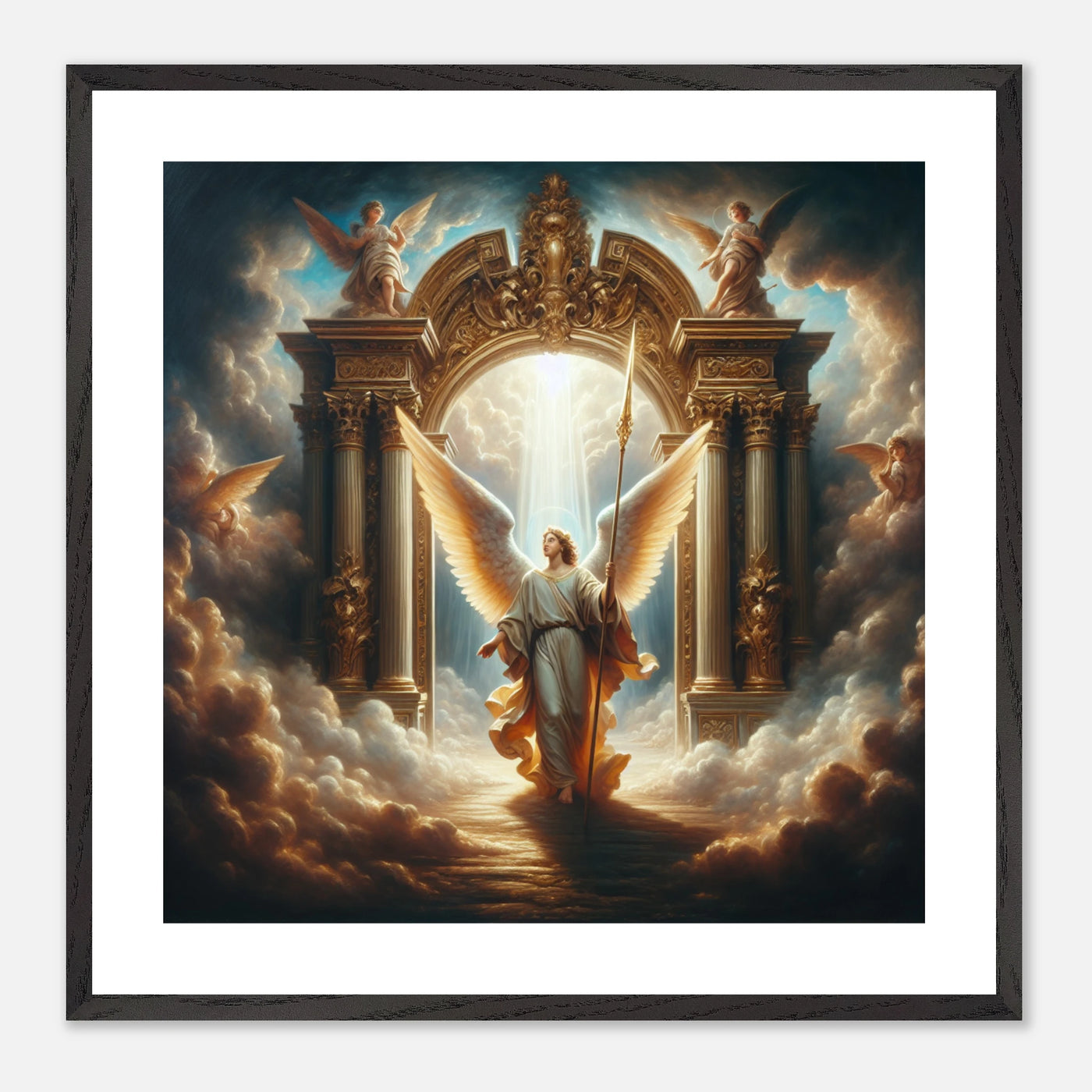 Erleuchteter Engel vor himmlischem Tor – spirituelles Poster mit barockem Himmelsmotiv