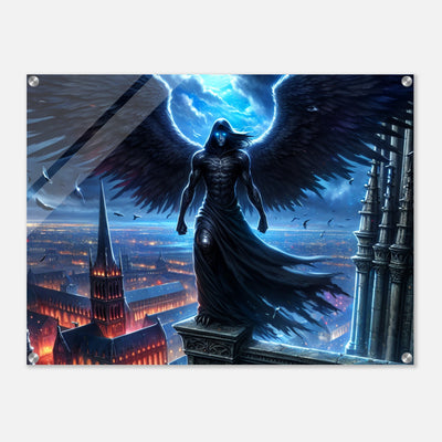 Acrylglasdruck: Todesengel mit großen schwarzen Schwingen steht auf einem Dach über einer Stadt bei Nacht, leuchtend blaue Augen, unheimliche Szene, fesselnde Wandkunst für Horror-Fans und Kunstliebhaber