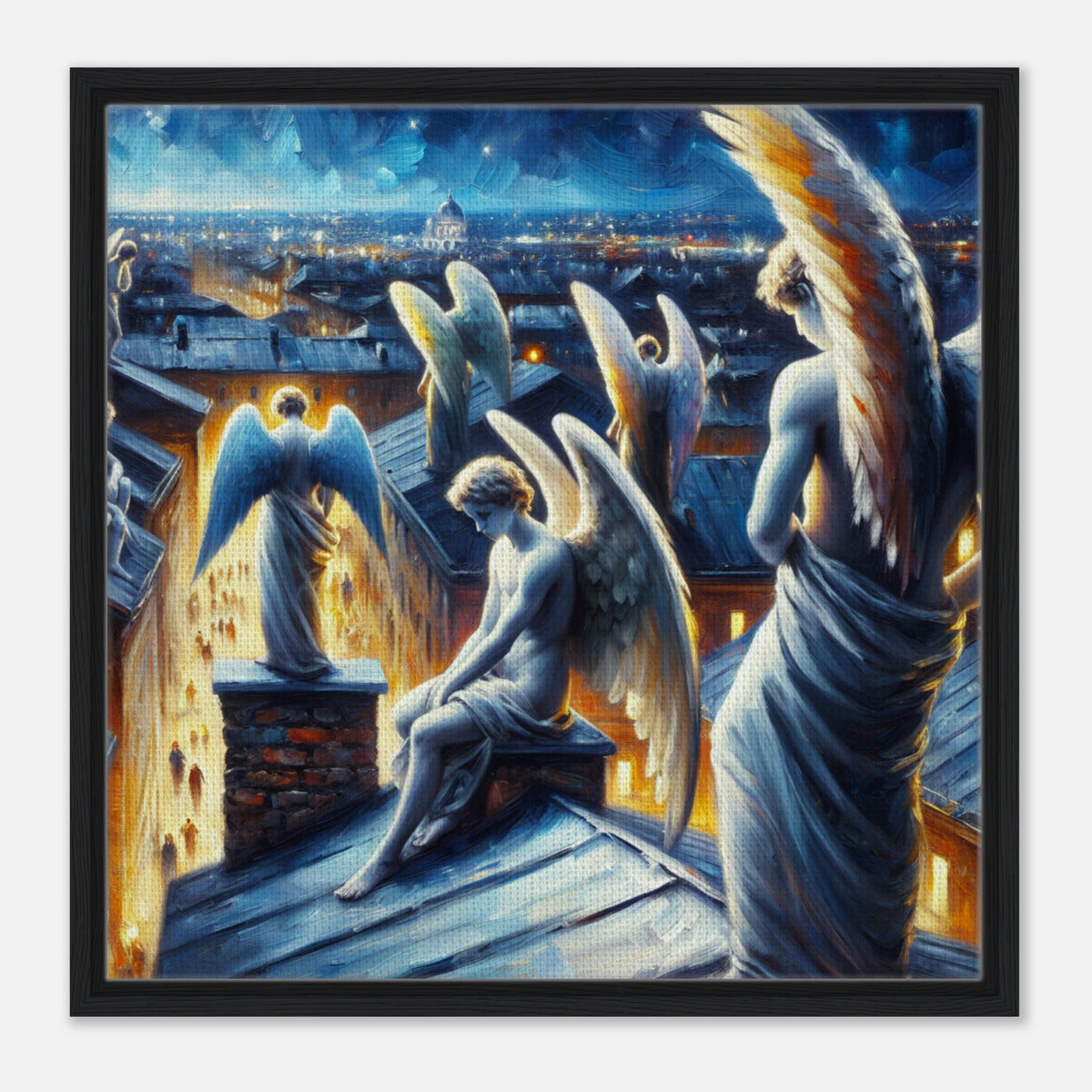 Schutzengel wachen über Stadt – City of Wings Leinwanddruck, heilige Engel beschützen schlafende Menschen
