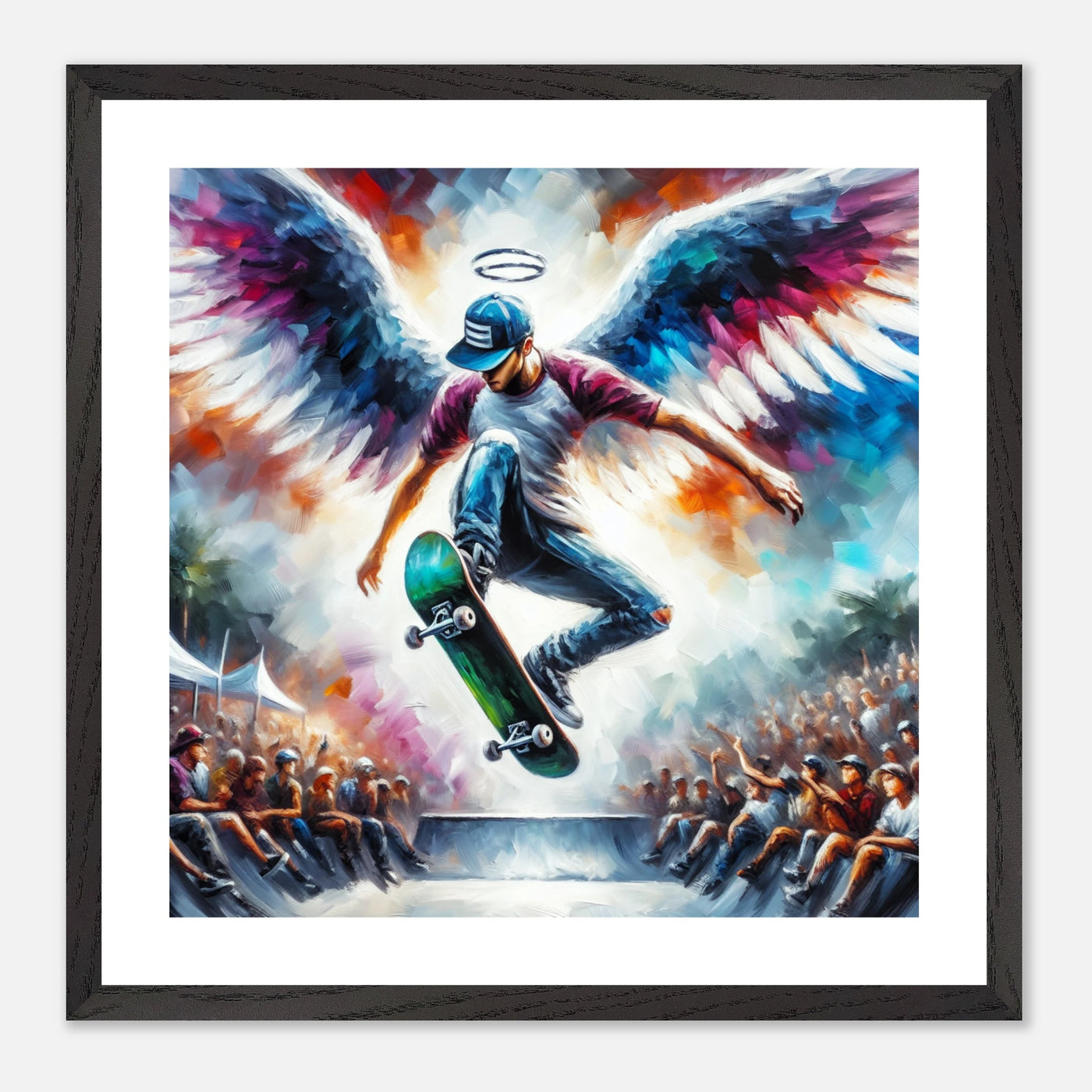 Himmlischer Skater – Skateboarder mit Engelsflügeln und Heiligenschein beim Trick im Jenseits als buntes Acrylbild